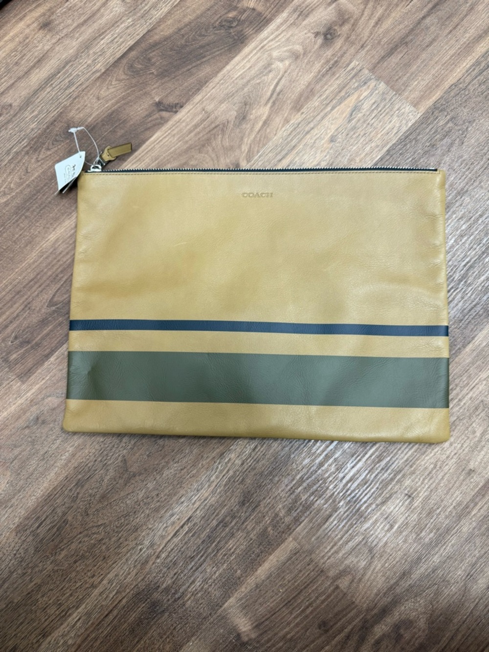 COACH Men's Tan and Olive Leather Zip Pouch with Black Stripes